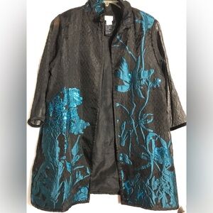 Chicos Black Boho Sheer Floral Embroidered Duster with Teal Accents Tunic 0